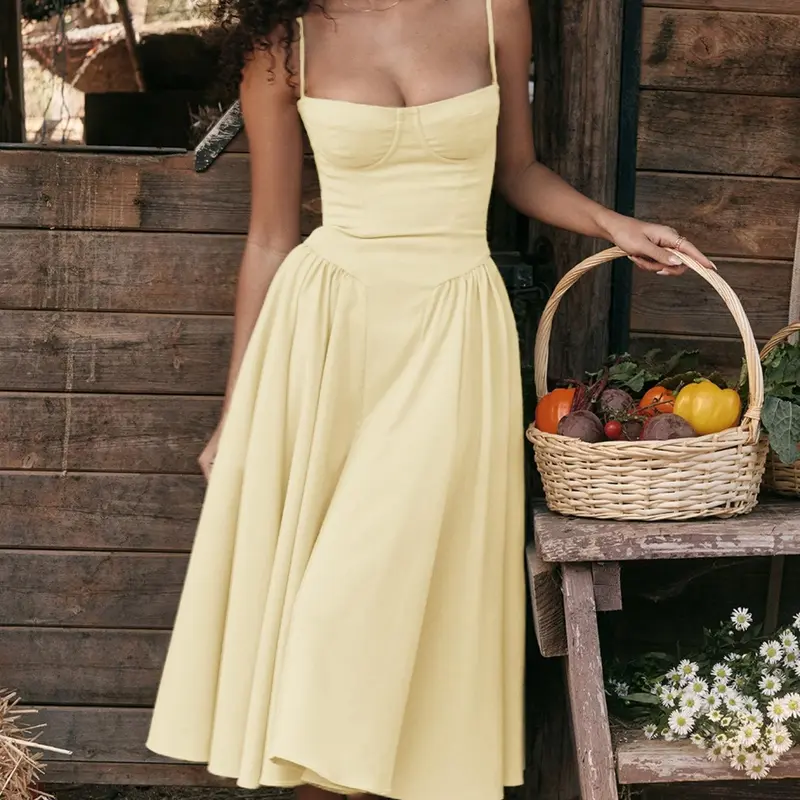 Fashionable Women's French Elegant Vintage Style Summer Multicolor Spaghetti Strap Sleeveless Strappy Dress, Fit Casual Wear, Chic Retro for Daily Wear, Perfect for Any Occasion