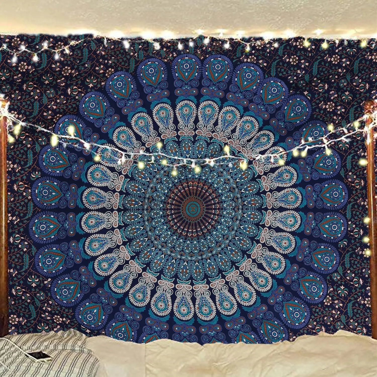 Bless International Handmade Indian hippie Bohemian Psychedelic Peacock Mandala Wall hanging College Dorm Beach Throws Table Cloth Bedding Tapestry (Blue Green, Medium
