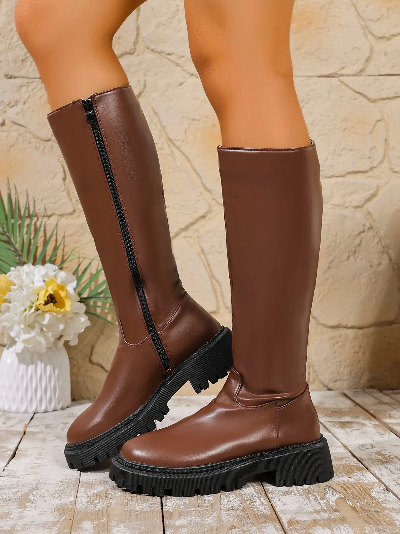 New Knight Boots Fall Winter Round Toe Flat Side Zipper High Ankle Boot, Fashionable PU Leather Design, Perfect for Cold Weather