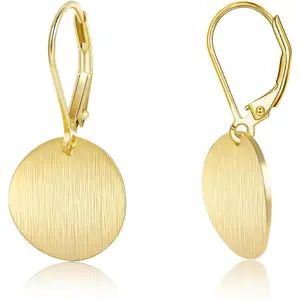 14K Gold Dangle Earrings for Women Lightweight Circle Disc Coin Geometric Flat Brushed Drop Earrings, Hypoallergenic Leverback Earrings Jewelry
