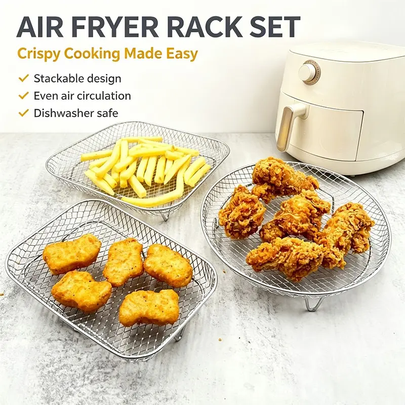 Stackable Stainless Steel Air Fryer Rack Set, Heat Distribution Stand, High-Temperature Washable, Home Use Air Fryer Accessories
