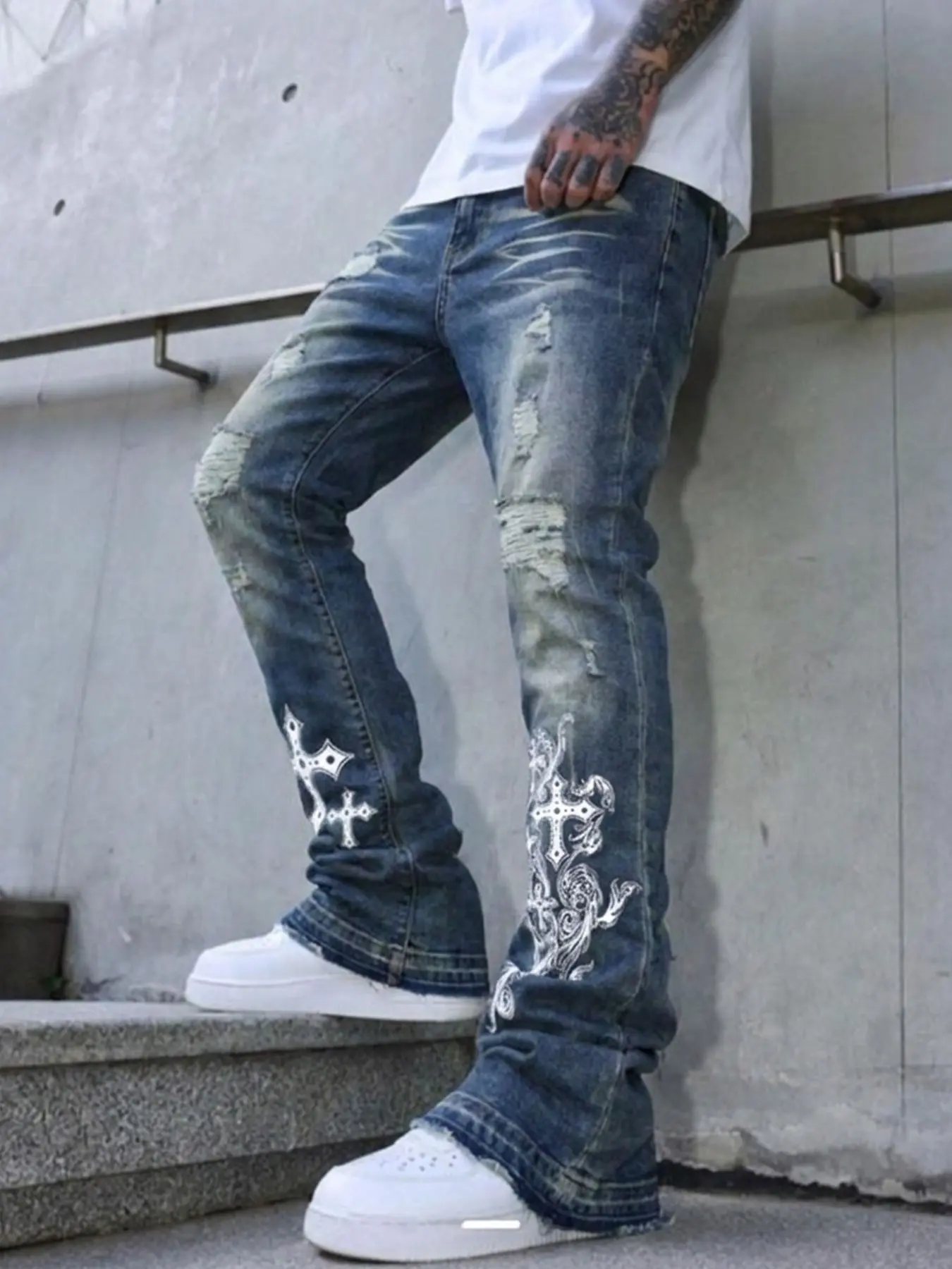 American Street Style Ripped Denim Jeans, Thorn Cross Totem High Waist Flare Pants, Fitted All-Season Random Print Long Trousers, Flared