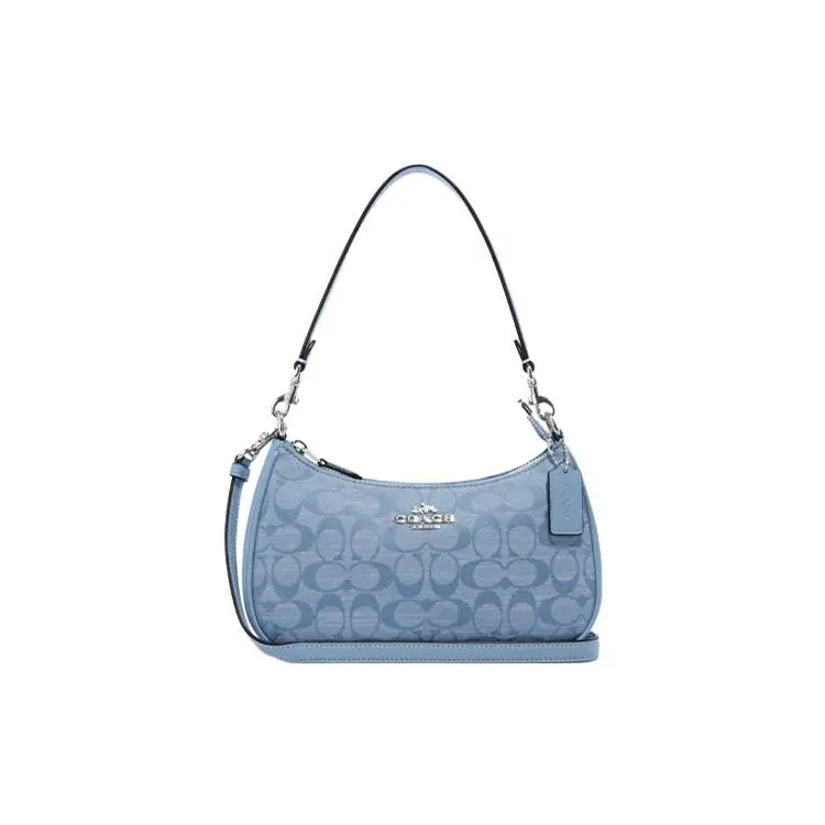 COACH Teri 25 Crossbody Handbag for Women – Classic Monogram Jacquard and Leather in Cornflower Blue Multi