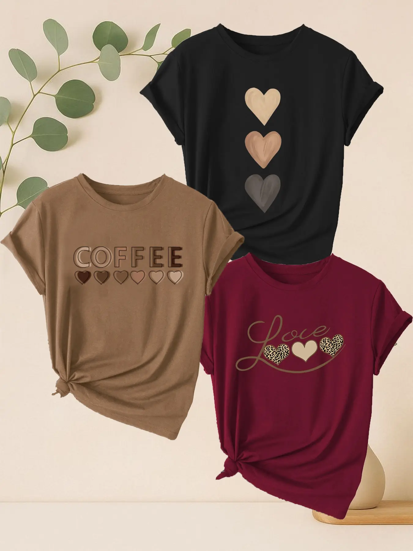 3-Pack Women's Round Neck Short Sleeve T-Shirts, Heart Pattern Print, Casual Sporty Top, Soft Comfortable Fabric