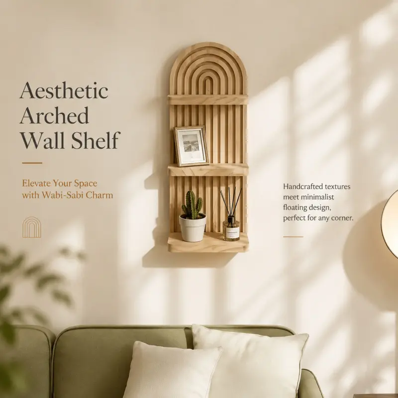 wabi sabi arched wooden floating wall shelf 3 tier rainbow slat hanging display rack wall organizer minimalist boho wall decor for photo plant aromatherapy ornament storage