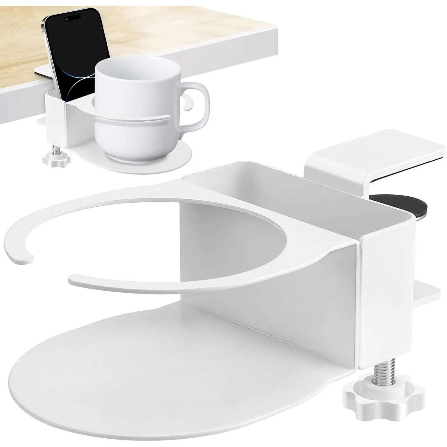 Desk Cup Holder for Coffee Mugs, Tumblers, Water Bottles with Mobile Phone Stand, Anti-Spill Metal School Home Office Accessories (White-1)