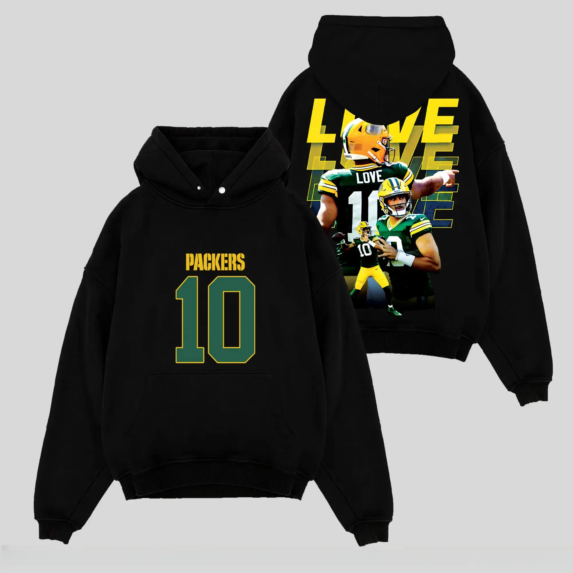 [Sale Up To 50%] Unisex Love # 10 Green and Gold Football Hoodie, Vintage Quarterback Graphic Pullover, Front and Back Print Sunday Game Day Sweatshirt, Unisex Football Fan Gift, Retro Sports Streetwear Outfit