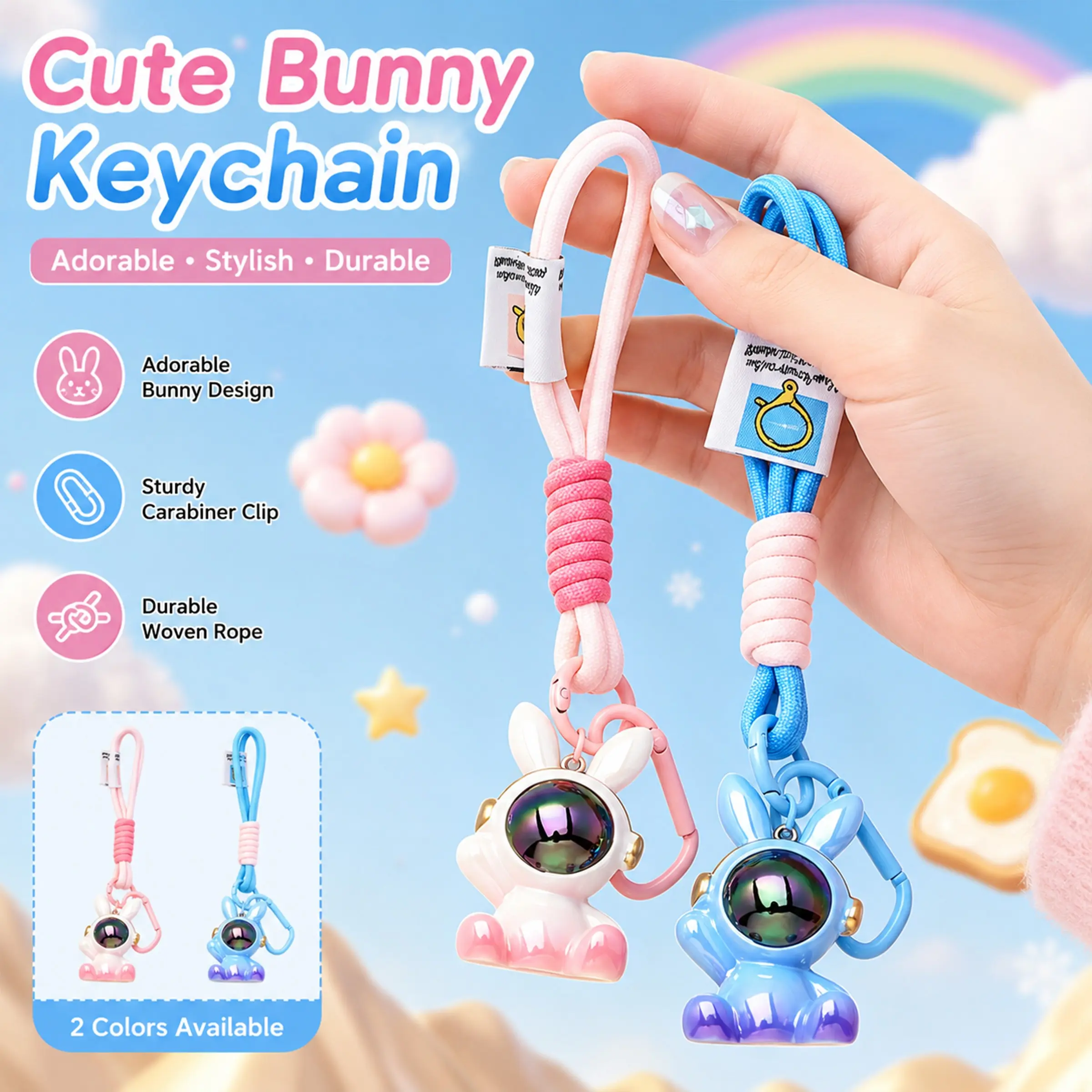 Space Astronaut Rabbit Keychain, Soft Cute Style, Gradient Craft, Colorblock Woven Strap, Car Key Holder, Bag Accessory for Girls