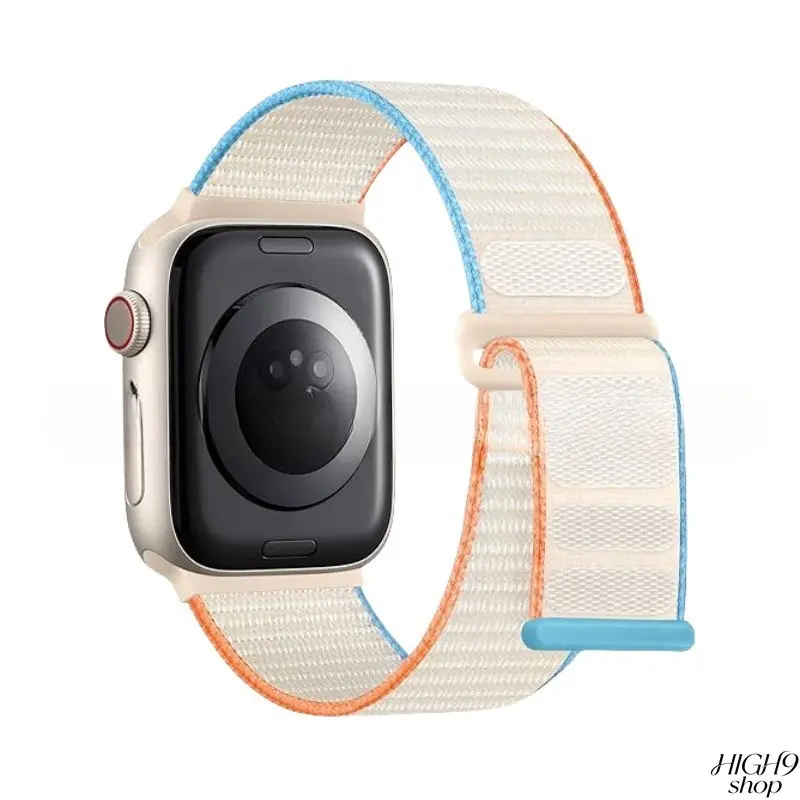 Breathable two-section woven nylon wrist strap designed with adjustable magic hook-and-loop fastener, fully compatible with Apple Watch Series 9, Series 8 and Series 7. Soft lightweight nylon material brings comfortable sports wear, adjustable size fits m