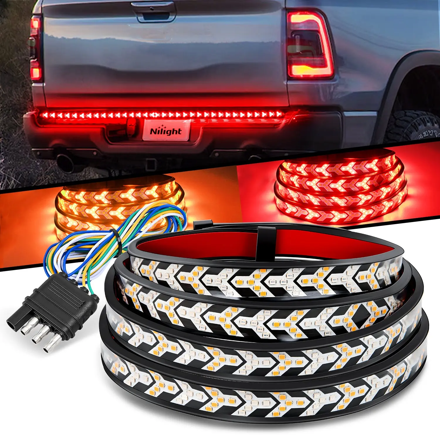 Nilight Truck Tailgate Light Strip 60Inch Arrow 540 LED with Red Running Brake Lights Amber Turn Signals Strobe Lights