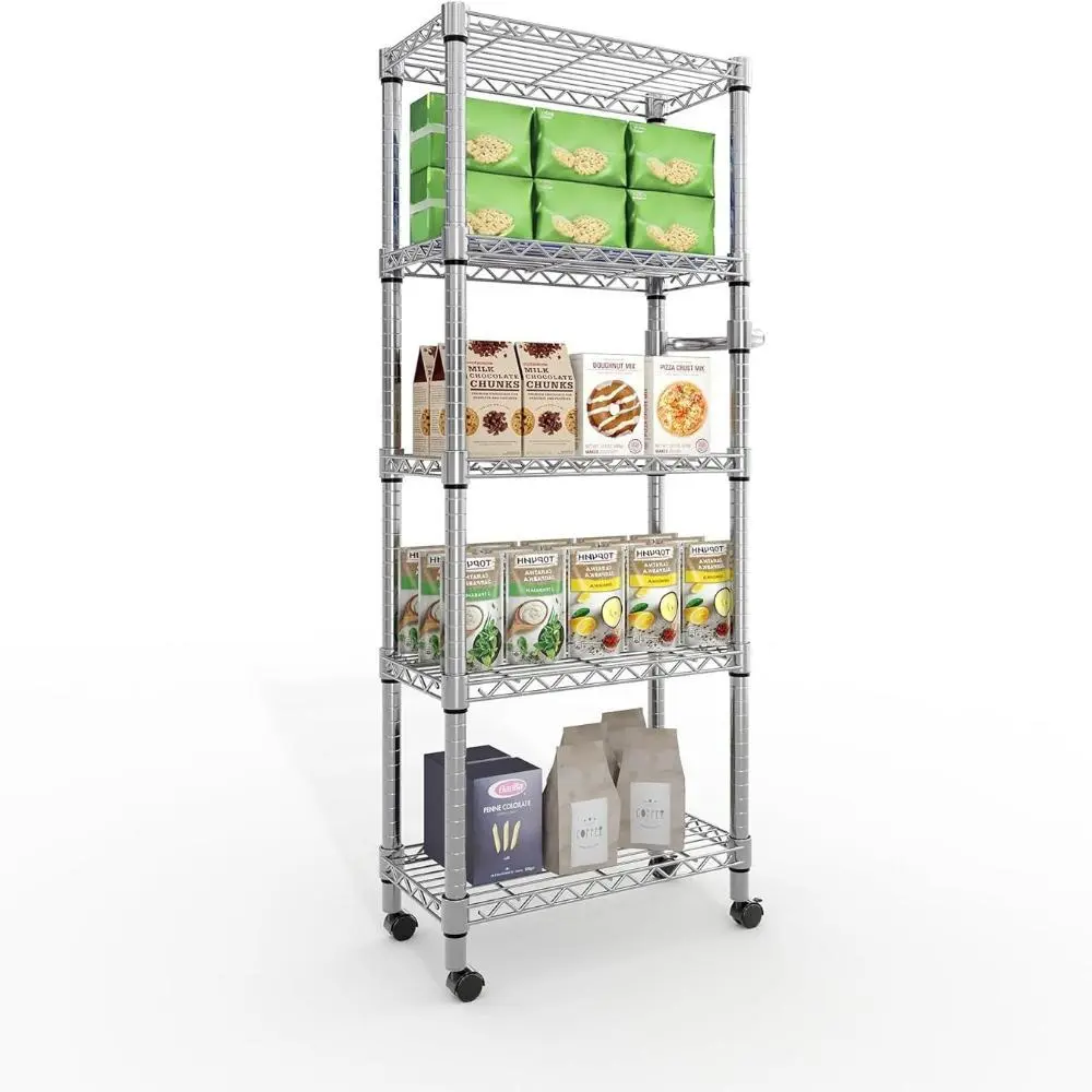Silver 5-Tier Steel Tool Organiser Racks, 61" H Metal Storage Shelving Unit with Wheels & Side Handle, Adjustable Rolling Wire Shelves (23.6" D x 11.8" W) for Home Office Garage
