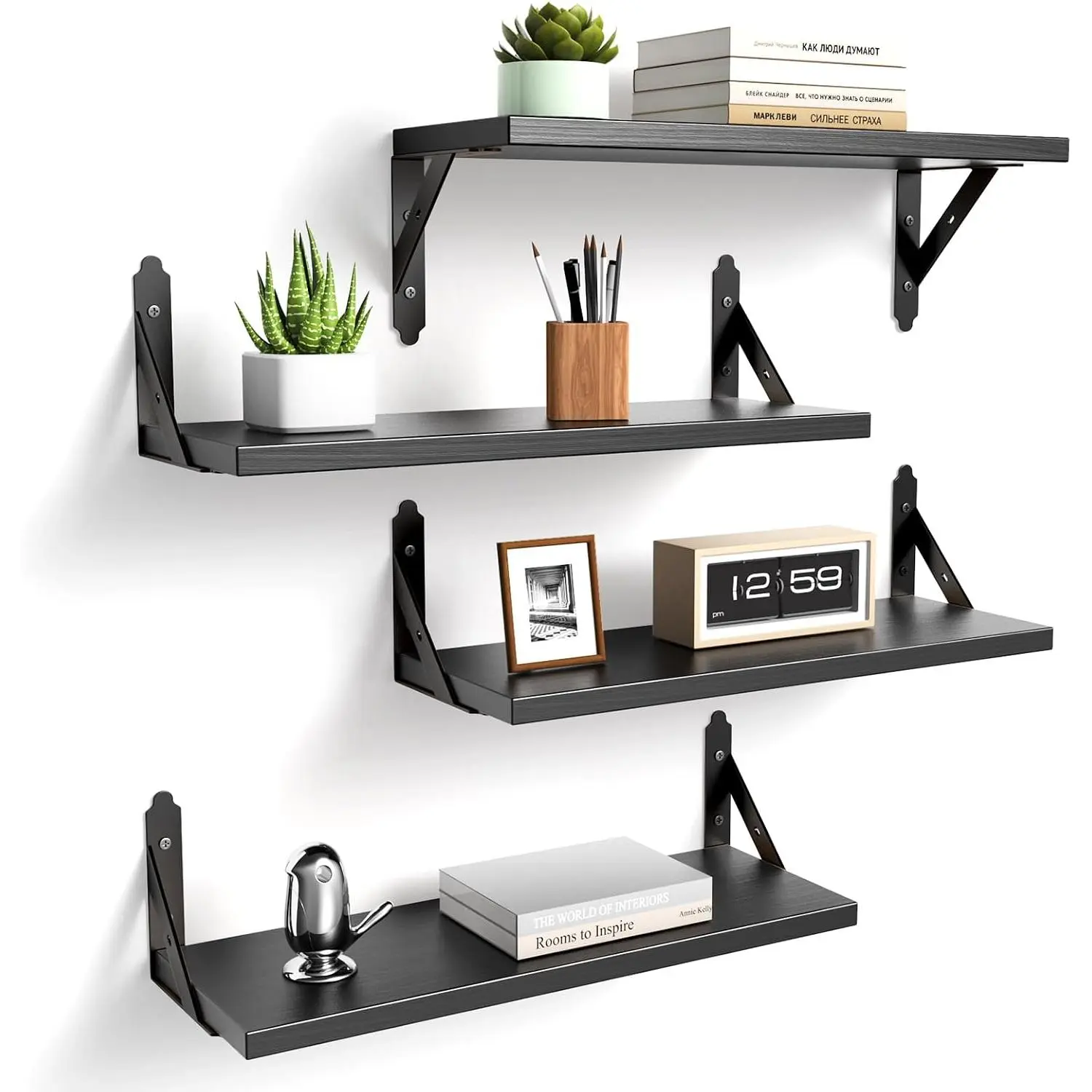 Floating Shelves Set of 4, Rustic Storage Decor Wall Shelves, Wall Mounted Shelf for Living Room, Bedroom 17" x 6", Black