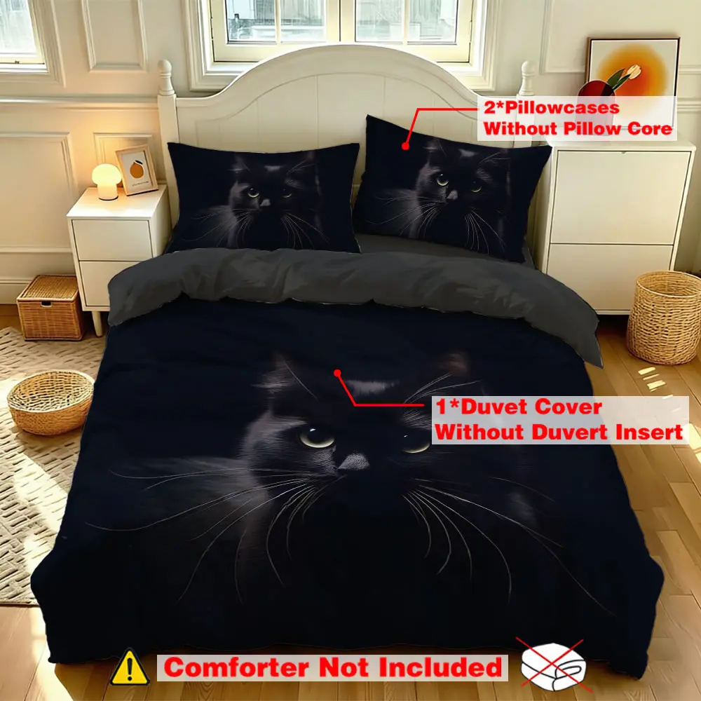 A three-piece bedding set (1 bedding cover + 2 pillowcases without inner cores) with a black cat pattern is suitable for use in all rooms, such as hotel bedrooms and children's rooms. It's a very warm and thoughtful gift.