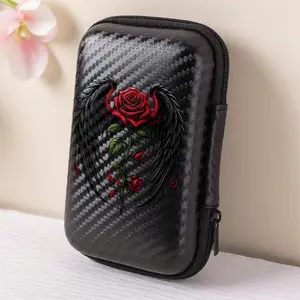 A beautiful and cool dark night rose wing pattern storage box, a must-have for office travel! EVA material earphone/data cable/charger storage box, compact design with mesh pockets, easy to organize charging cables