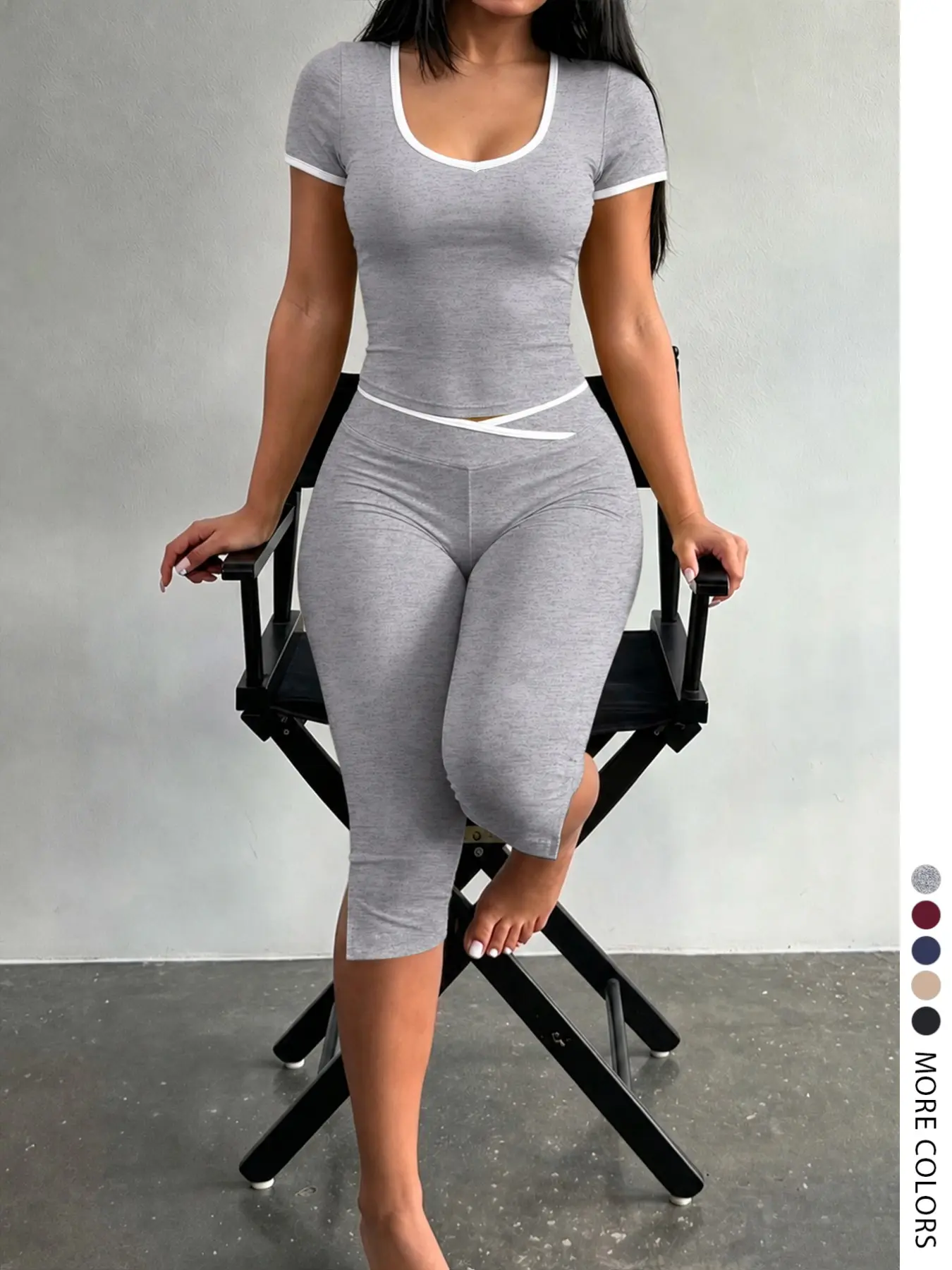 Lw Home Soft Basic Fashion Women's Slim-Fit Short Sleeve and Capri Set, Split Hem, Perfect for Home Wear, Casual Style, Solid Pattern