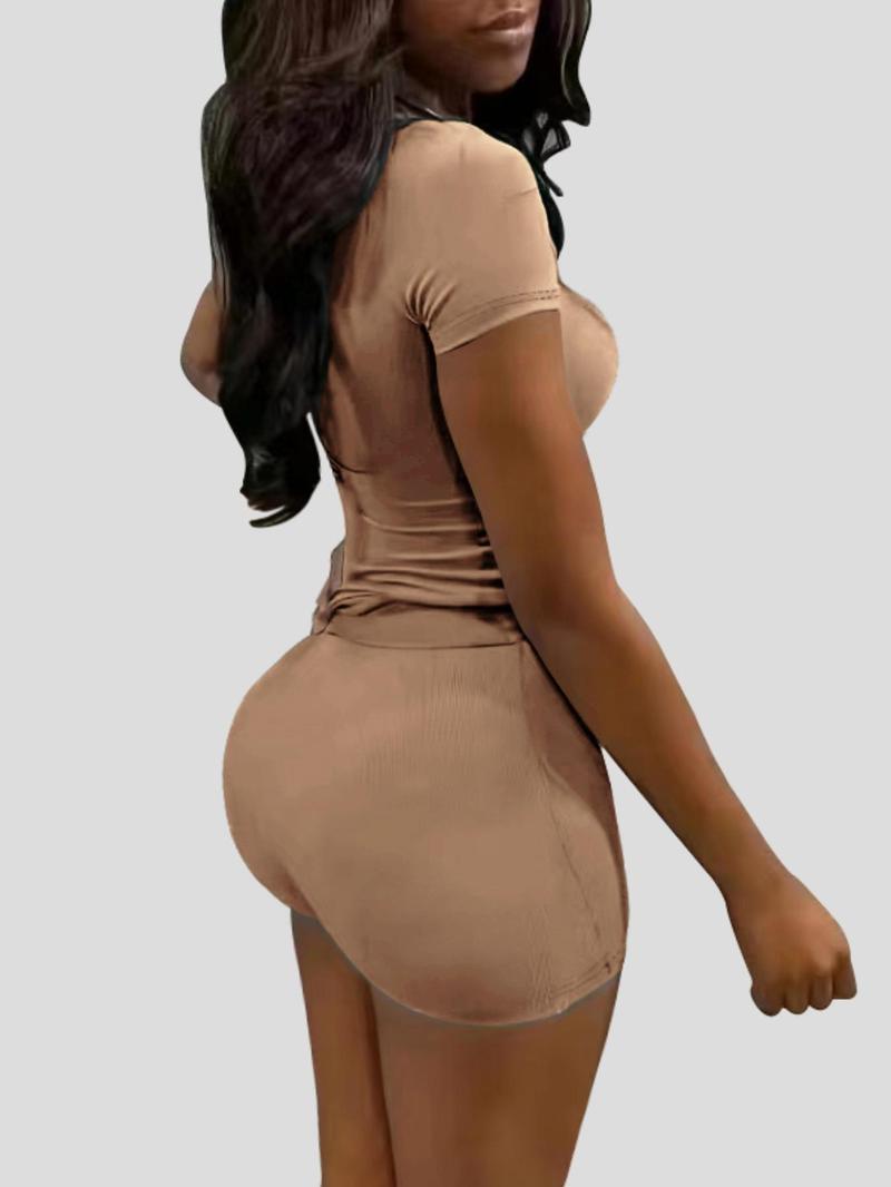 Women's Solid Ribbed Top & Skinny Shorts Set, Casual Comfy Round Neck Tee & Shorts For Yoga Gym Workout, Ladies Summer Clothes, Casual Activewear