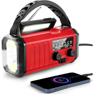10000mAh  Crank Radio, NOAA/AM/FM Weather Radio, Type-C Charge,Solar ,SOS, 3 Modes LED , Reading Lamp, Compass for Outdoor  (Red)