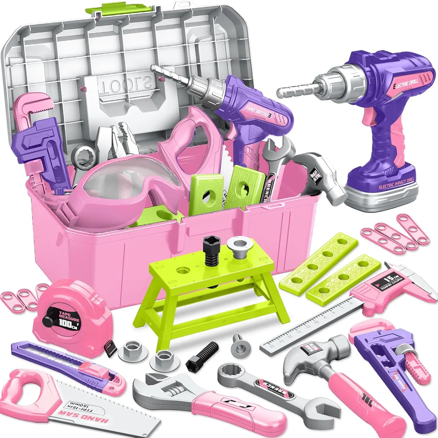 Set with Tool Box & Toy, Toddler Tool Set, Construction for Kids Ages 3 4 5 6, 46 Pcs Tool kit for Christmas & for Girls