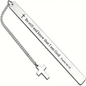 Stainless Steel Cross Bookmark with Chain, Engraved Religious Book Accessory for Readers and Students with Durable Metal Design