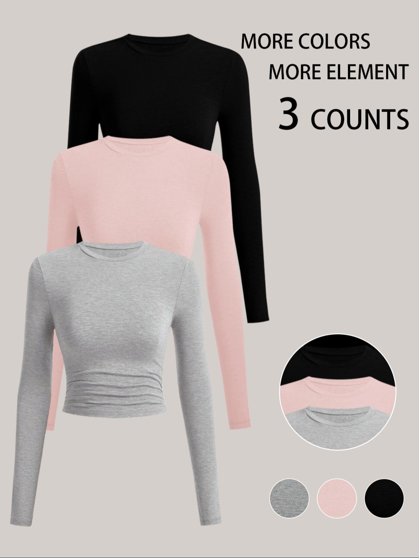 Women's Autumn Winter Casual Slim-Fit Long Sleeve T-Shirt Set, Side Ruched Design, Three-Piece Fashion Top for Daily Wear