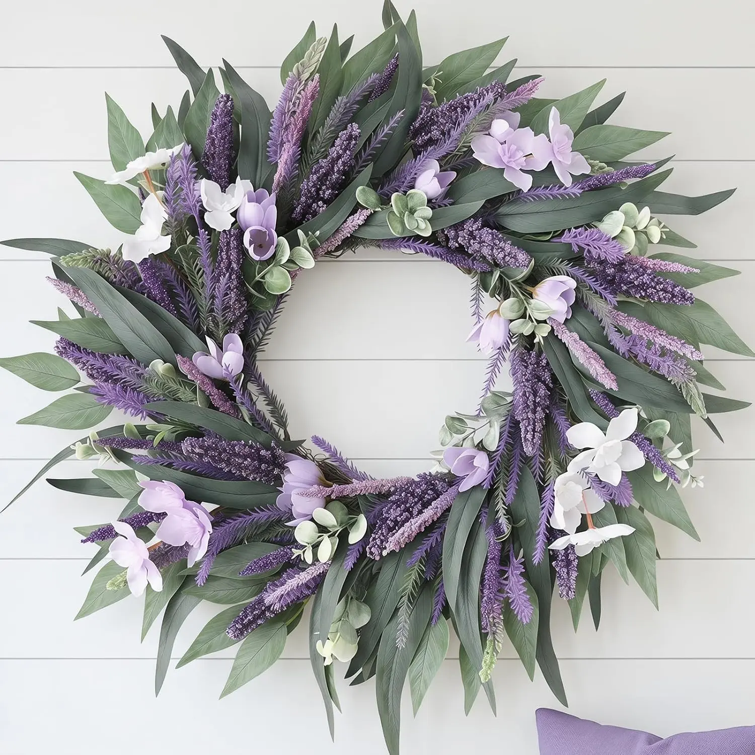 24 Inch Lavender Wreath for Front Door with Daffodils, Artificial Outdoor Wreath for Spring, Summer, & Year-Round,  Floral Front Door Wreath for Porch, Entryway, &  Wall Decor