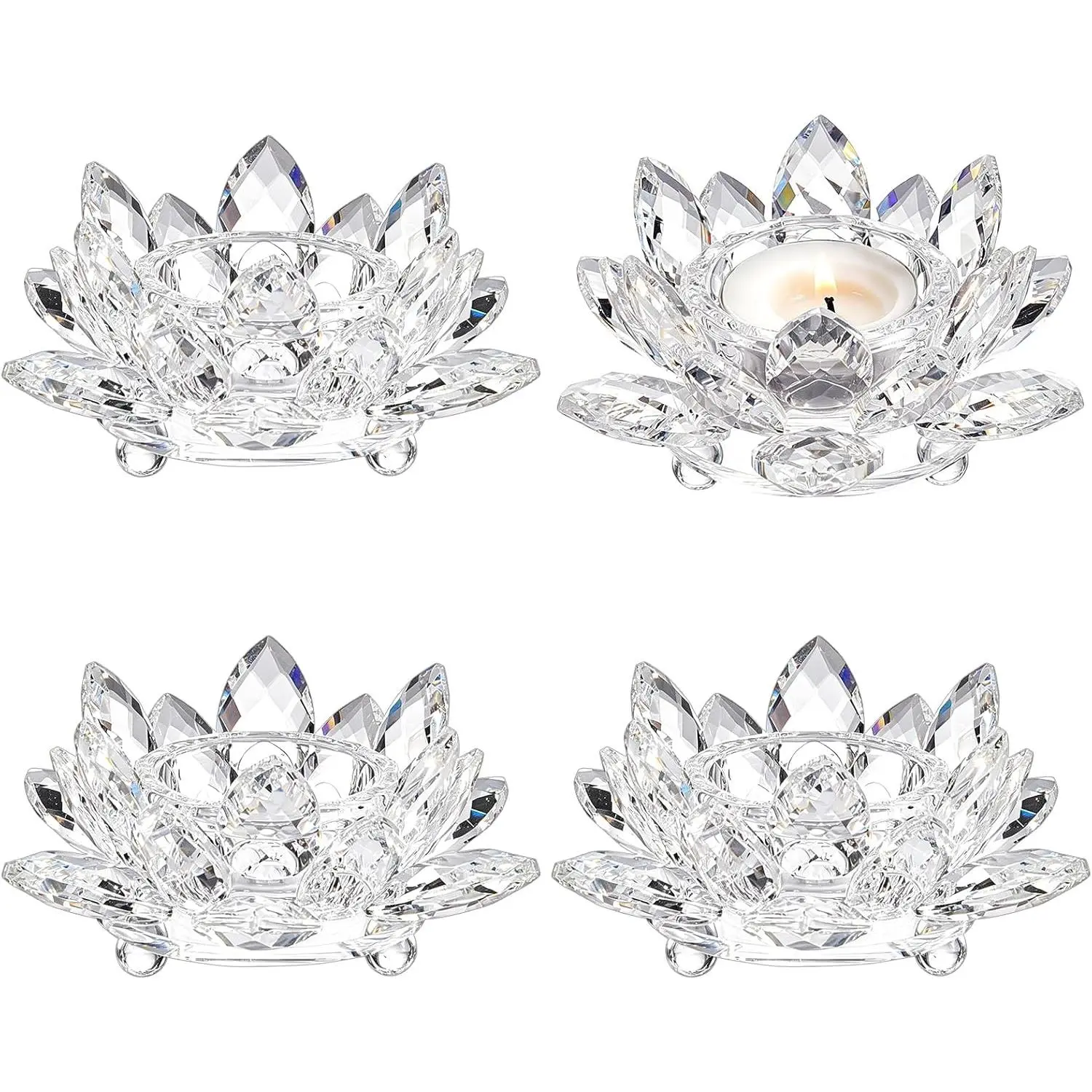 4Pcs Crystal Lotus Flower Tea Light Holder, Lotus Petals Votive Candle Holder Clear Pillar Votive Candle Holders for Home Wedding Party Dinning Table Centerpieces, Clear