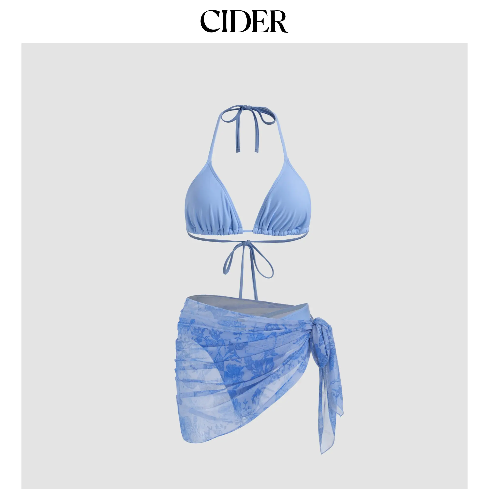 Cider Halter Triangle Bikini Set With Floral Sarong