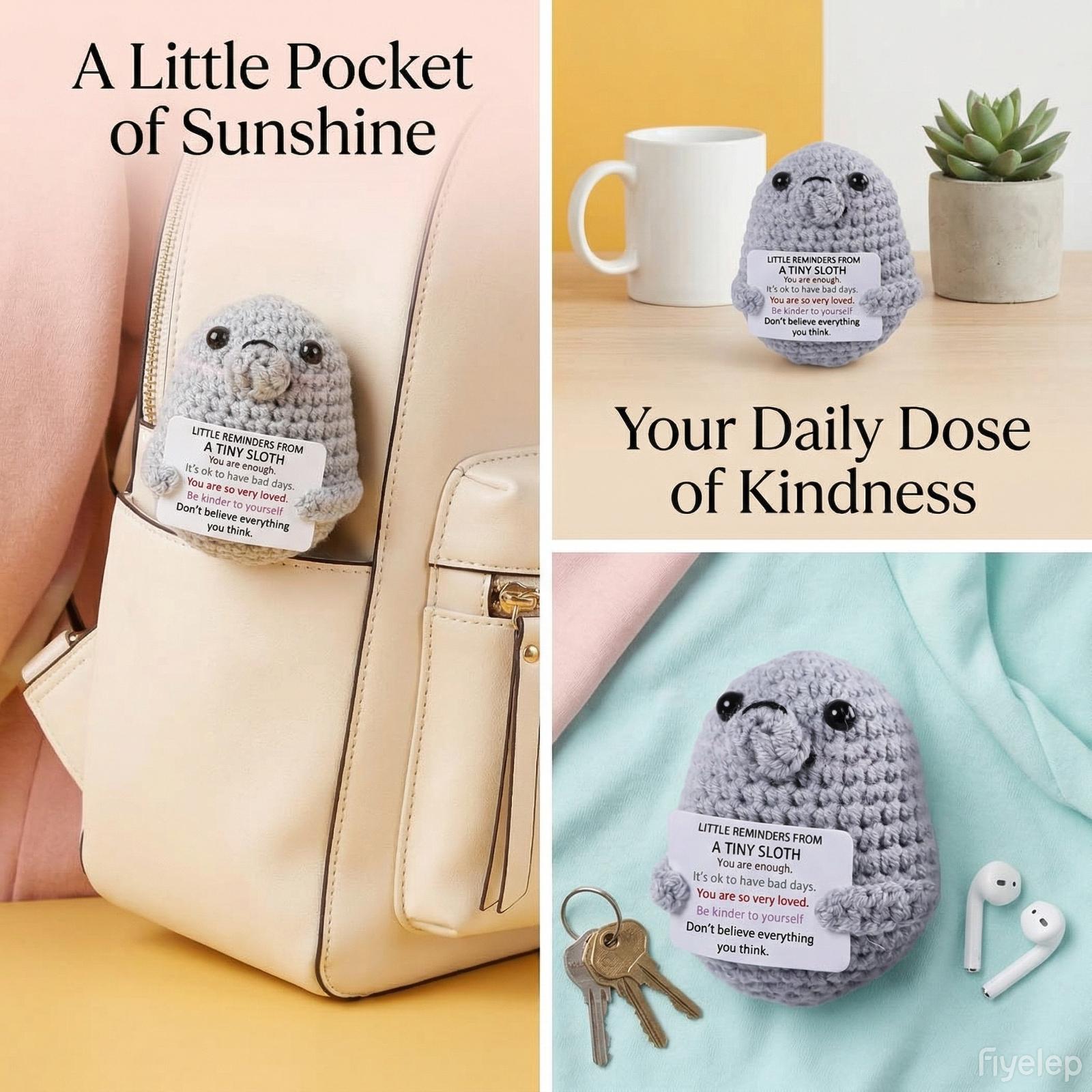 Cute Hand Knitted Sloth Stuffed Animal Plush, Soft Squishy Anxiety Relief Fidget Doll, Mini Keychain Bag Pendant Ornament, Ideal Christmas Valentines Birthday Graduation Gift for Girls Boys Friends, Desk Car Decor Handmade Collectible