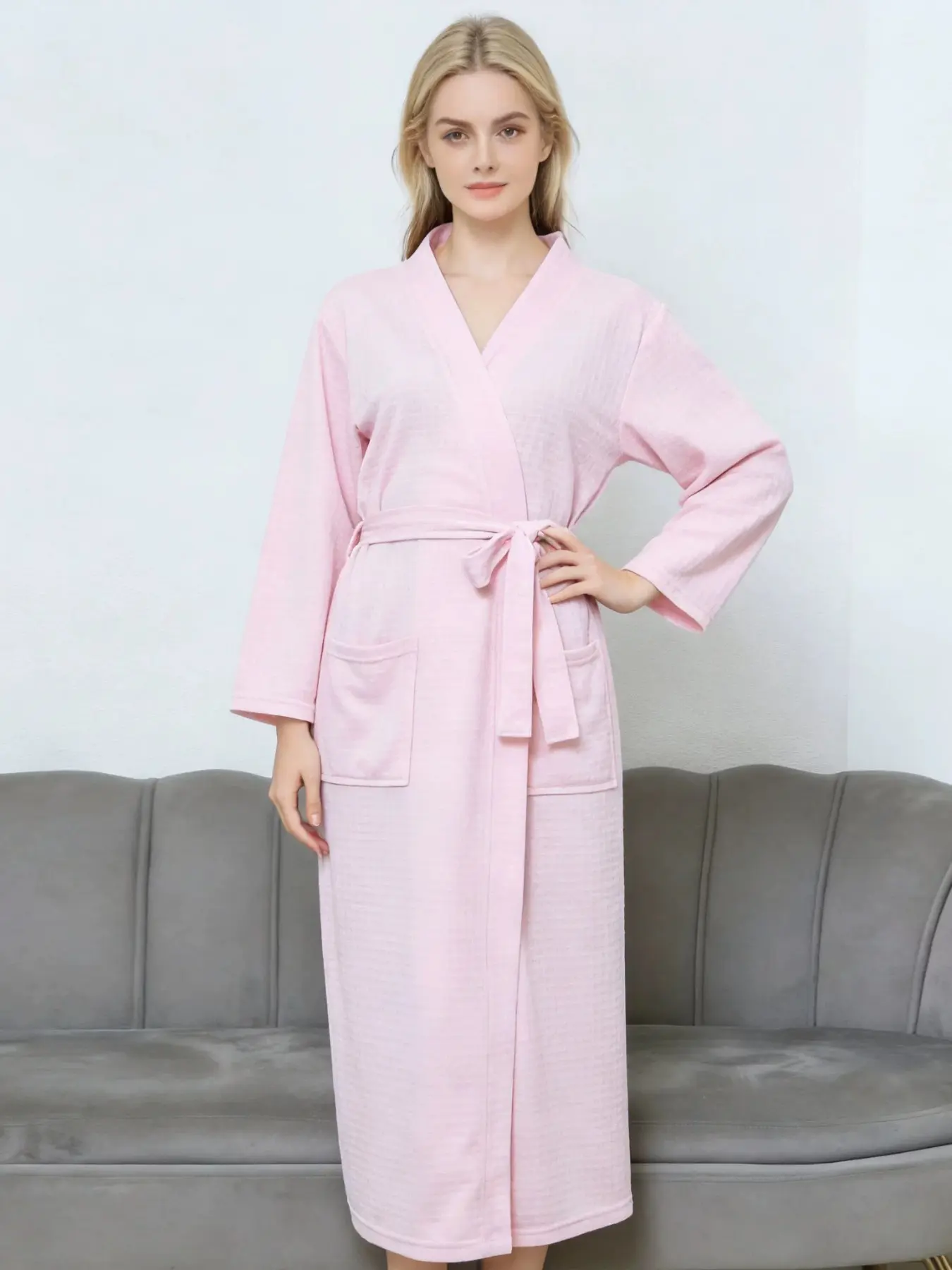 Four-Season Lightweight Waffle Texture Mid-Sleeve Sleep Robe, Long Loose Fit Plus Size Morning Robe, Hotel Bathrobe, Sleep Dress
