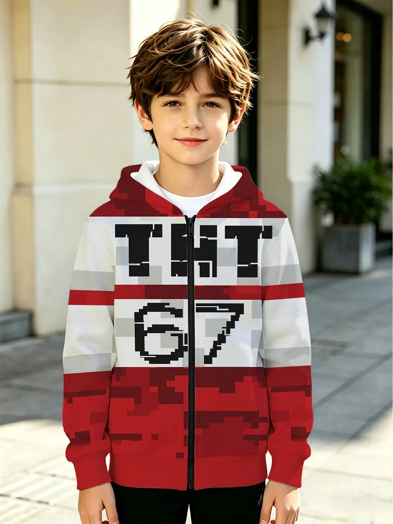 Pixel Style Hooded Jacket, Fall Winter Boys' Zip-Up Sweatshirt, Design, Casual Loose-Fitting Graphic Top, Zip Up Hoodie