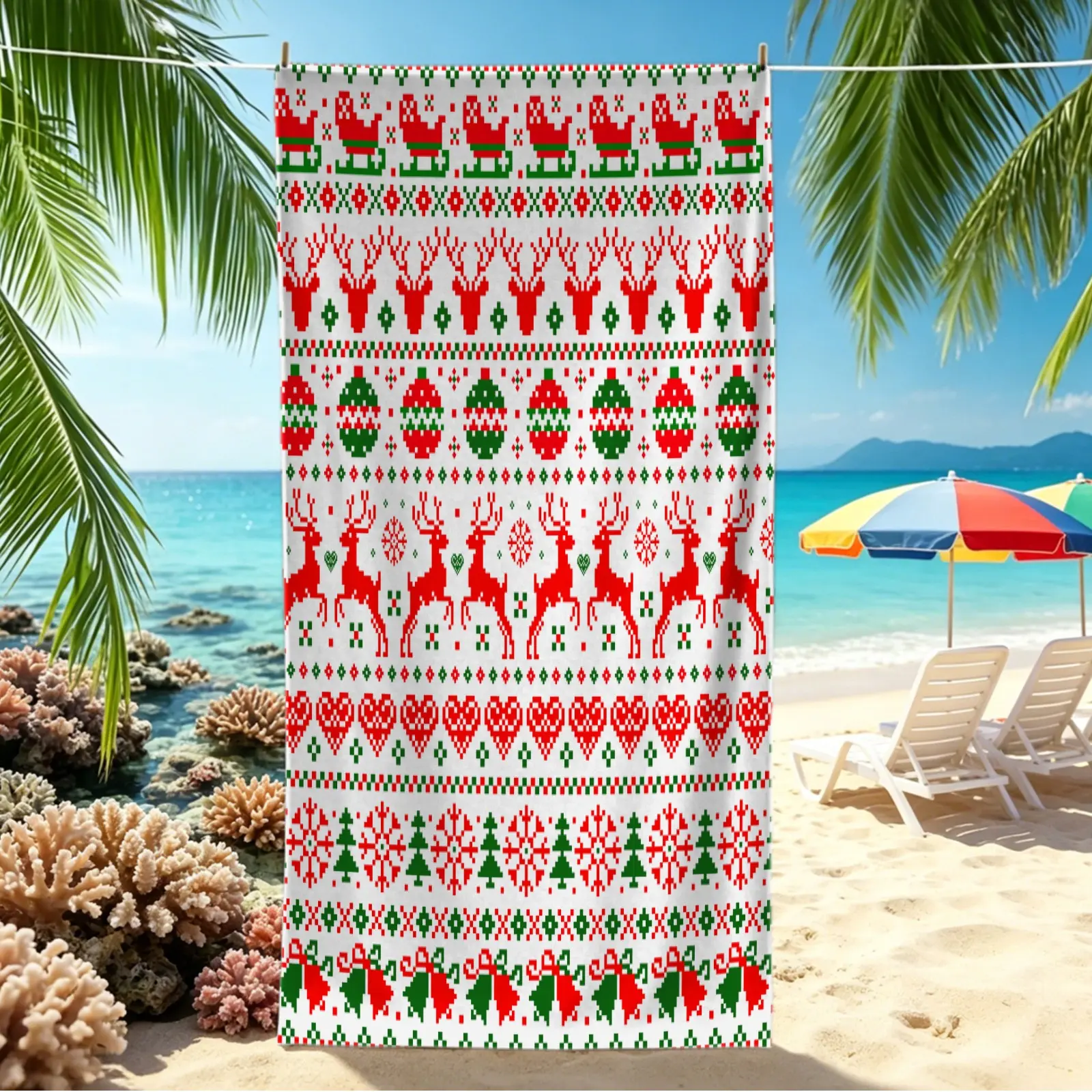 1Pc Christmas Santa Reindeer Print Beach Towel, Quick Dry Pool & Camping Towel, Soft Bath Towel Blanket For Beach Lovers And Family Outdoor Swimming, Creates Lively Festive Christmas Atmosphere