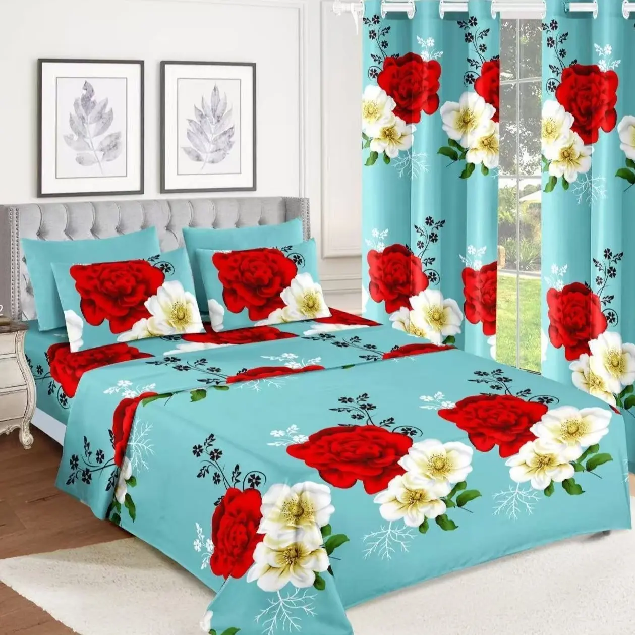 8-Piece Romantic Rose Floral Bedding & Curtain Set, Soft Lightweight Blue Bed Sheets (Fitted Sheet, Flat Sheet, 4 Pillowcases, 2 Window Drapes), Breathable All Season Machine Washable Bedroom Decor