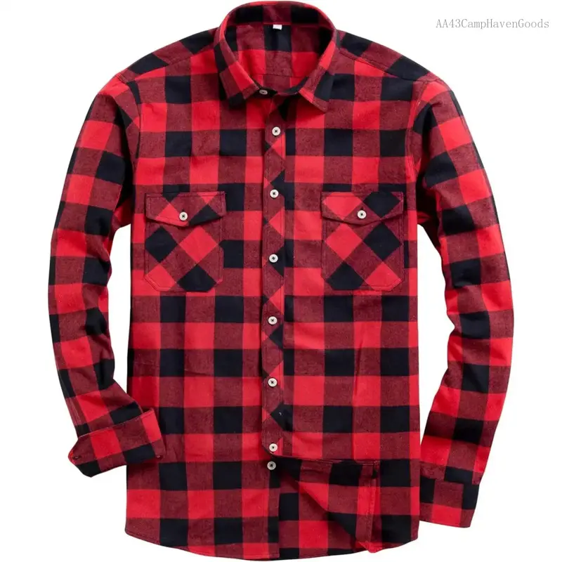 Male Plaid Pattern Flannel Shirt - Regular Fit, Casual Wear, Long Sleeve Button-Down Menswear for Outdoor Activities, Checked Fabric, Everyday Top