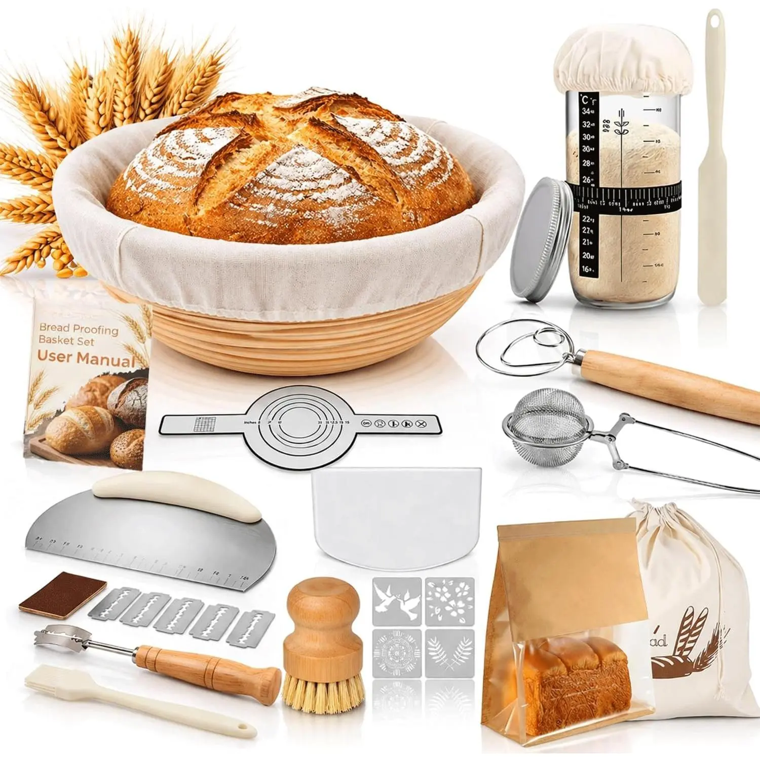 Sourdough Starter Kit with 9 Inch Round Banneton Proofing Basket & Starter Jar,  Rattan Bread Proofing Basket Set for Homemade Artisan Bread, Beginner Bread Making Supplies,  for Bakers