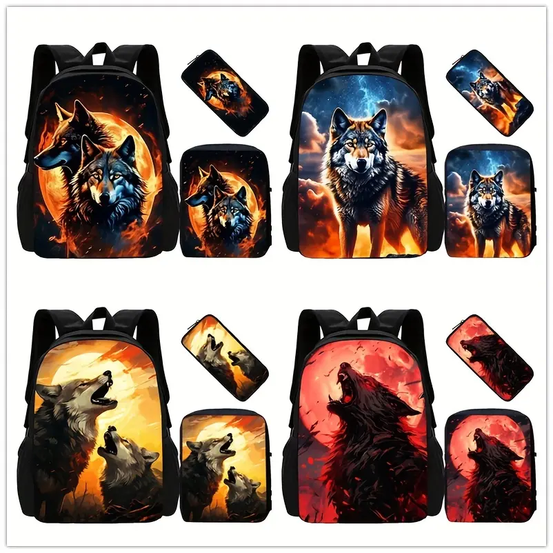 3D Printed Wolf Pencil Case Single Shoulder Bag Double Shoulder Bag Student Commuter Backpack Boys' Large Capacity Three-Piece Set