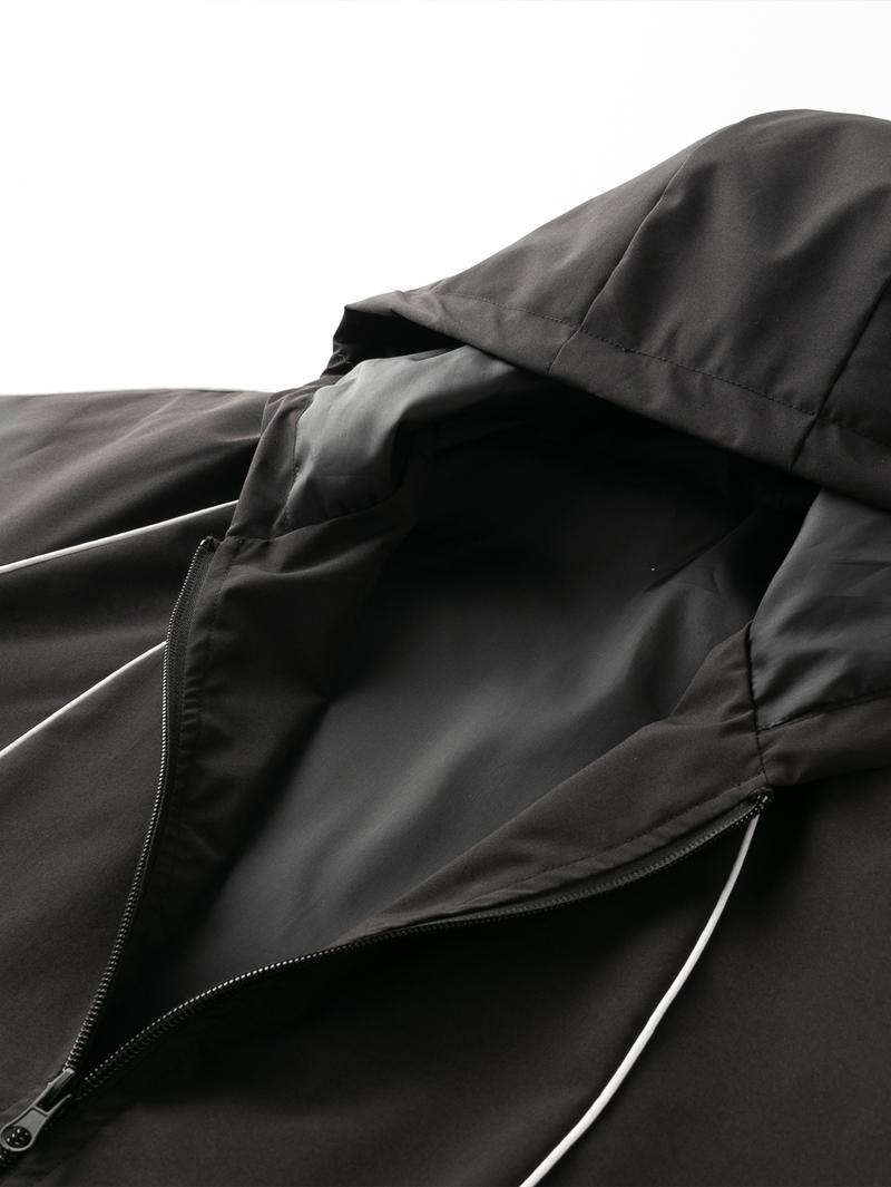 Men's solid color waterproof and windproof drawstring zipper hooded jacket, trendy striped print casual long-sleeved jacket with zipper pockets, suitable for outdoor activities, all year round.