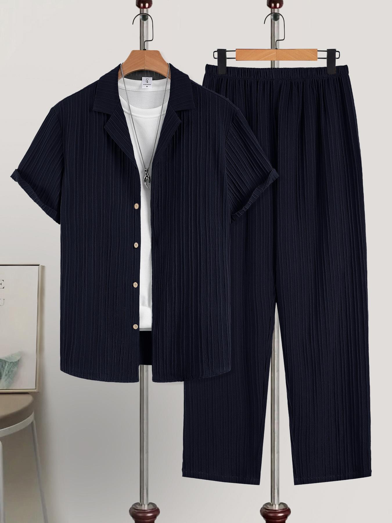 Men's Plain Textured Loungewear Set, National Day Offers, Casual Button Front Shirt & Elastic Waist Pants without Tee & Necklace, Men's Sleepwear for All Seasons