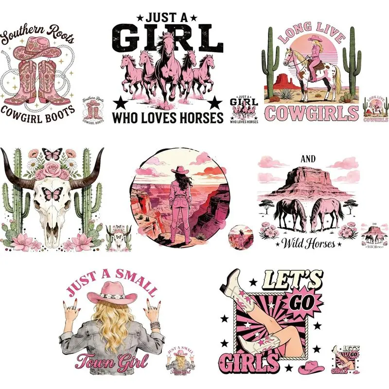 Western Cowgirl Iron on Transfer Paper Pink Heat Transfer Sticker Washable Iron on Decals for T Shirts DTF Transfers Ready to Press for Girl's Clothing Hoodie Jackets DIY Gift
