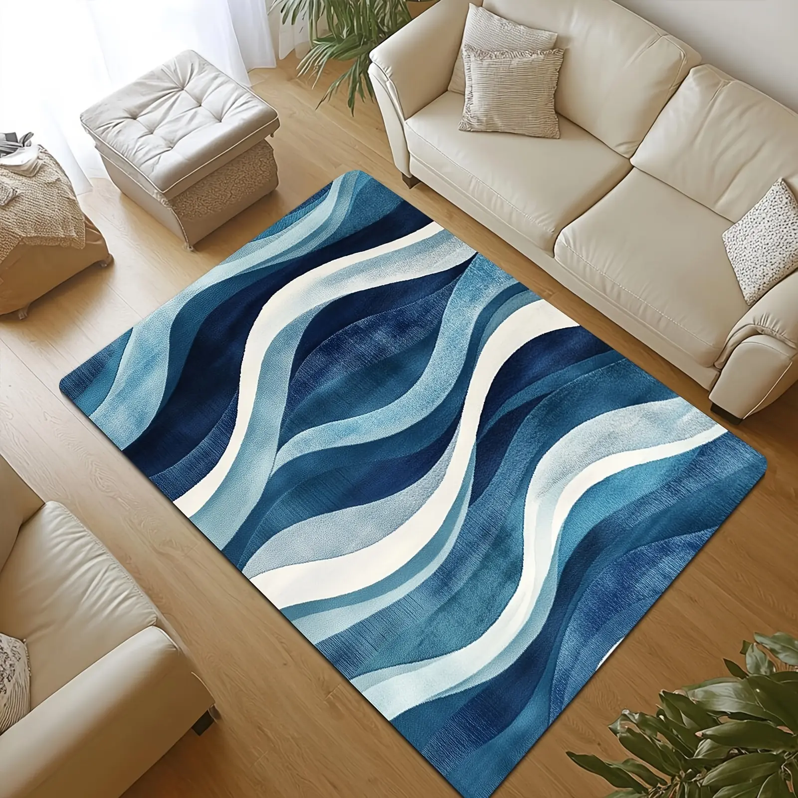 Blue Gradient Wave Abstract Large Area Rug - Modern Minimalist Ocean Wave Indoor Floor Carpet, Non Slip Decorative Rug for Living Room Bedroom Apartment Office Home Decor