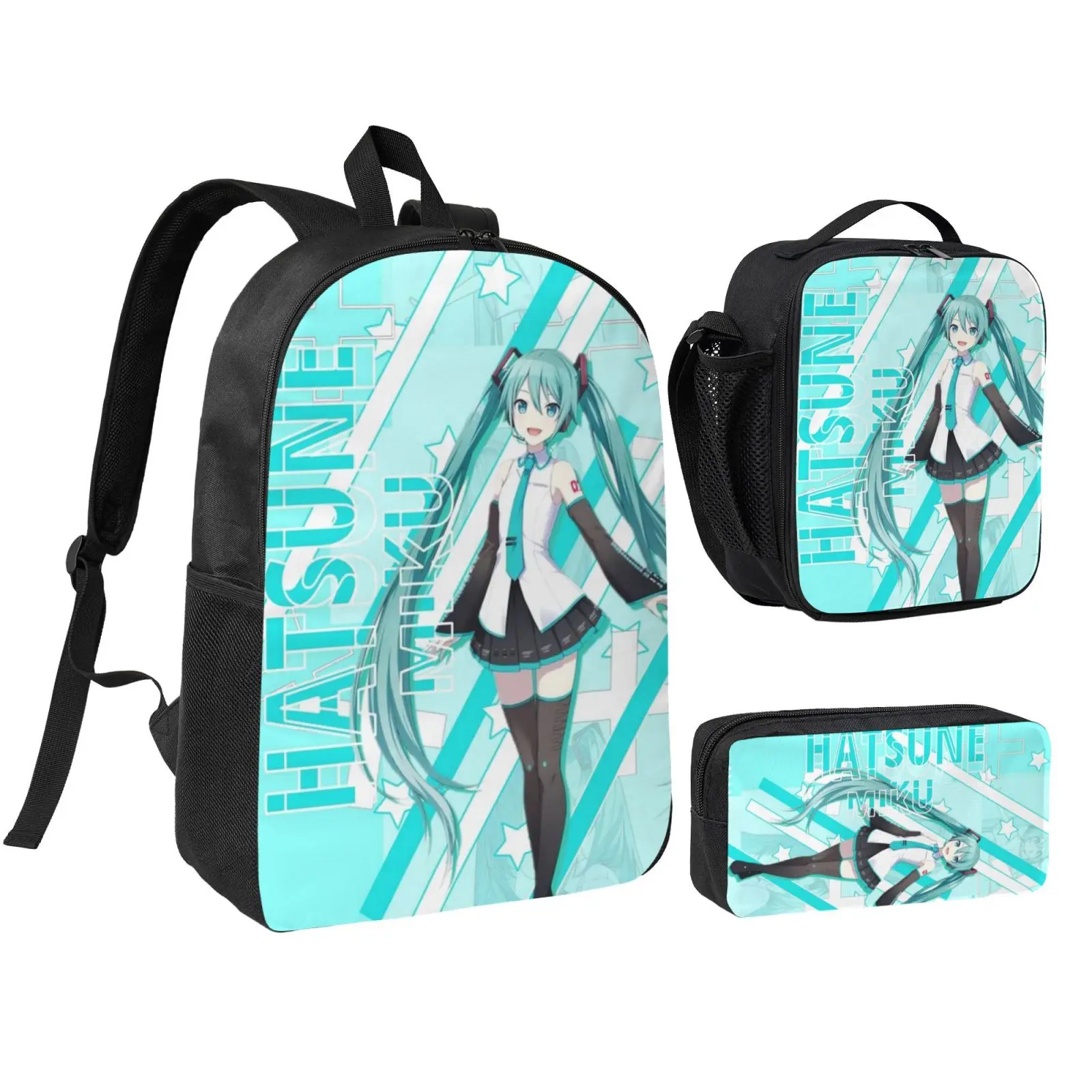 Anime Miku1 Graphic Character Art 3-Piece Polyester School Backpack Set for Teens, Adjustable Strap Kids Bookbag with Insulated Lunch Bag & Pencil Case, Lightweight Foam-Padded Christmas Gifts Daypack