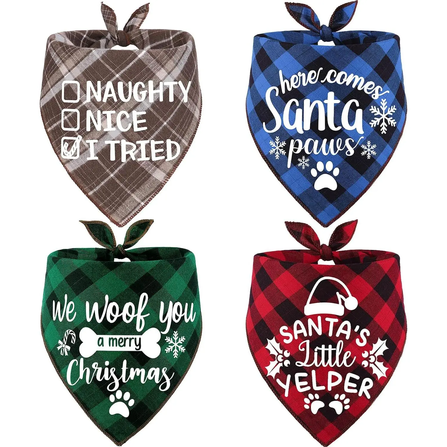 4 Pack Christmas  Scarves -  Triangle Bandanas for Small to Large Dogs and Cats - Holiday  Accessories  Set