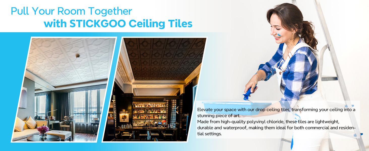Drop Ceiling Tiles 24 x 24in, Waterproof, PVC Ceiling Panels to Prevent Breakage, Pack of 12 Tiles Cover 48 Sq.Ft, White