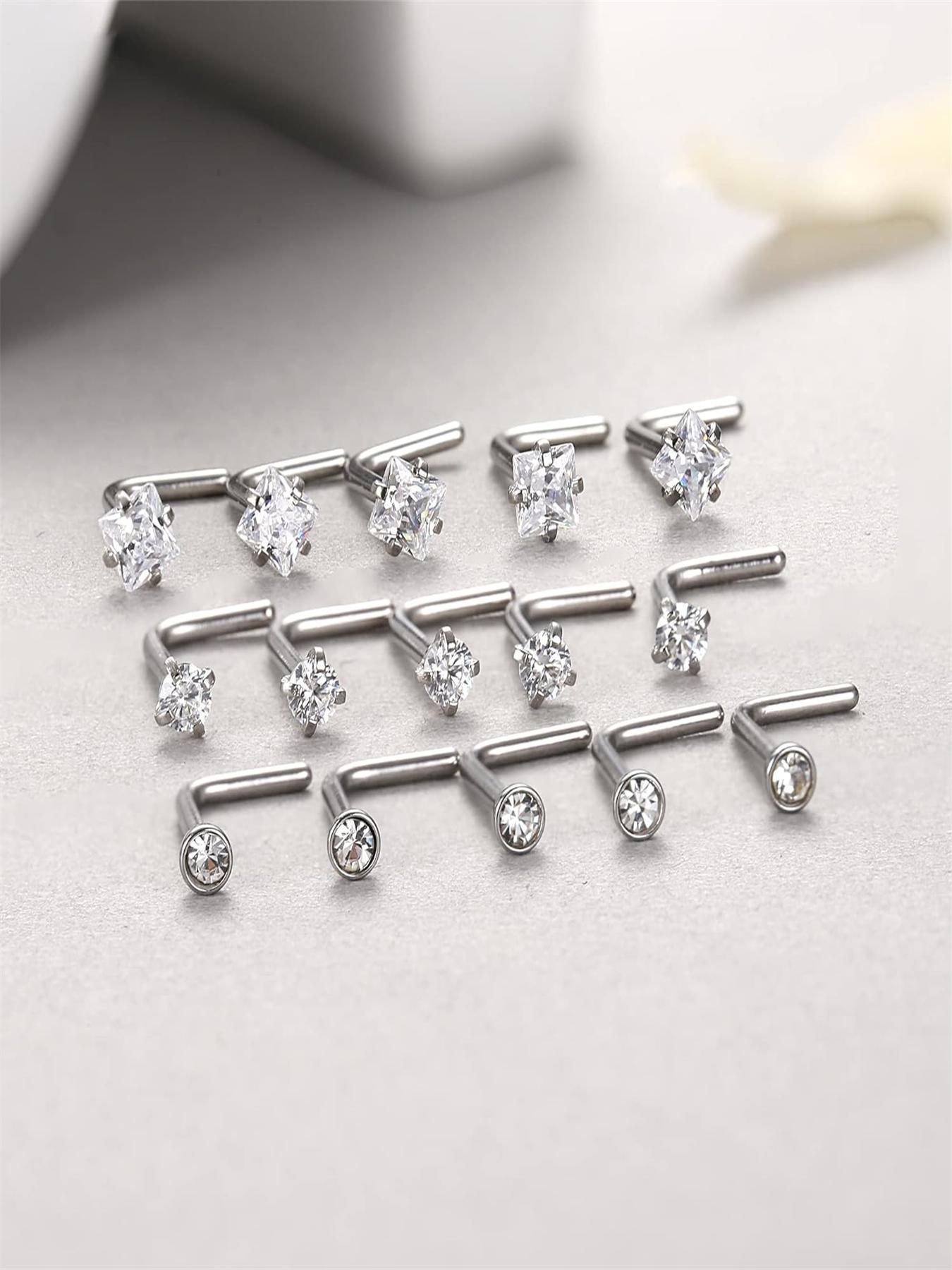 15pcs Minimalist Rhinestone Decor Nose Ring, L Shaped Screw Studs Rings, Stainless Steel Body Jewelry, Nose Piercing Jewelry for Men & Women