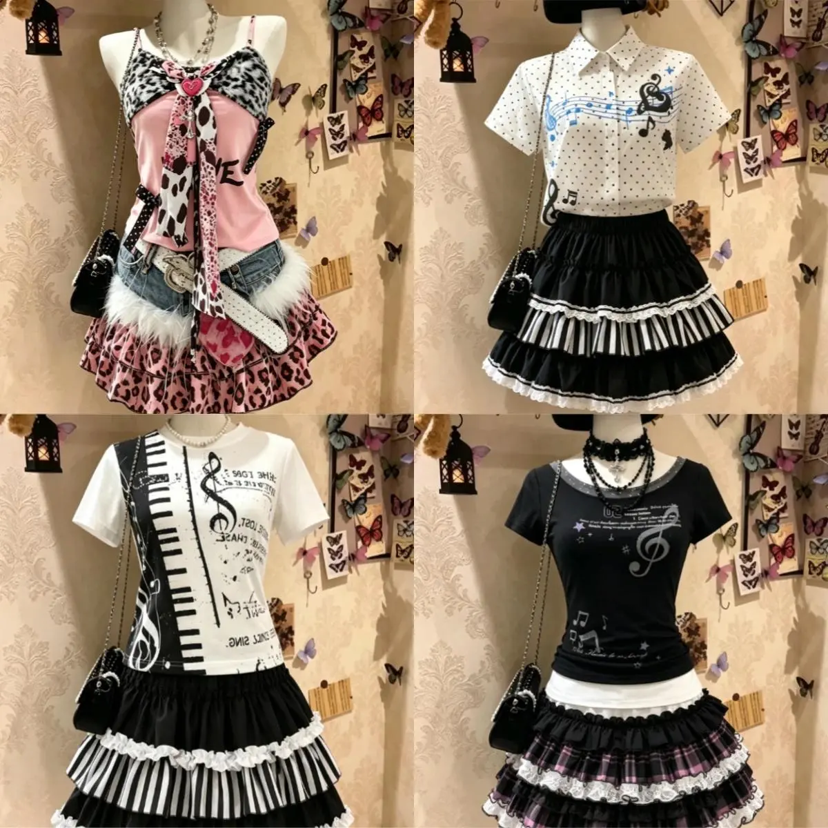 Y2k Punk Gothic Leopard Print 2 Piece Suits Women Subculture Piano Top + Skirt Retro Harajuku Casual American Vintage Outfits