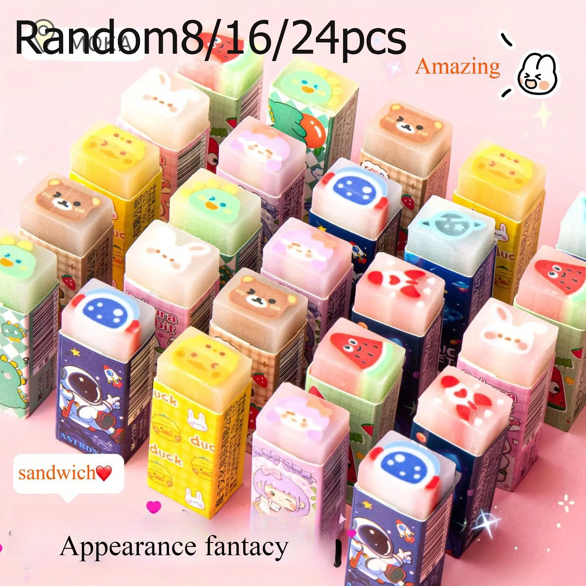 8/16/24pcs Colorful Cartoon Jelly Erasers, Cube Shape No-Trace Shreddable Erasers, Fruit Flower Animal Patterns, Perfect Gift for Students, Study Tool, Writing Stationery, School Supplies, Office Stationery Supplies