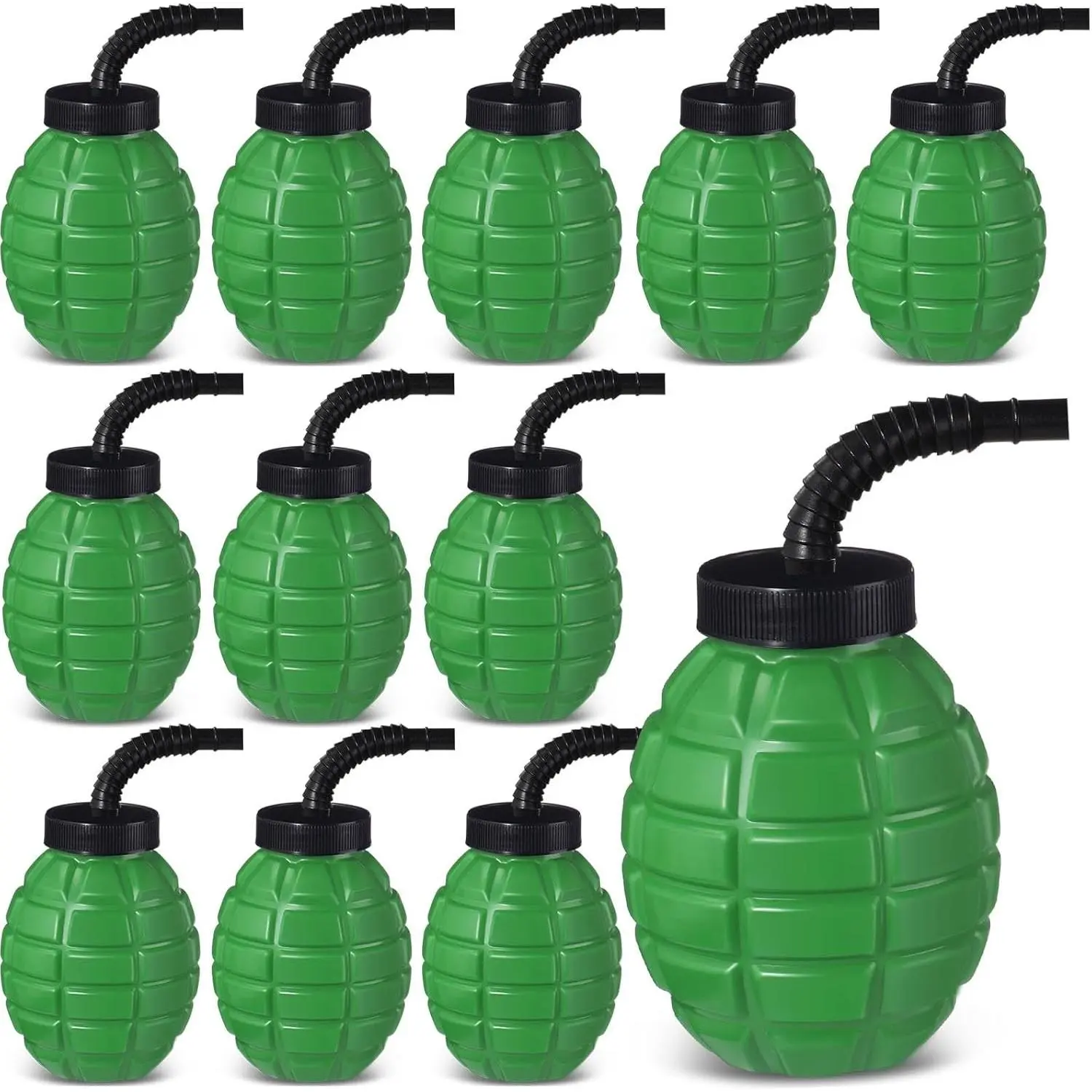 Army Birthday Party Camo Party Supplies 10 oz Plastic Grenade Shape Cups with Straws and Lids, Reusable Bulk Cups for Army Soldier Camouflage Themed Party, 12 Pcs