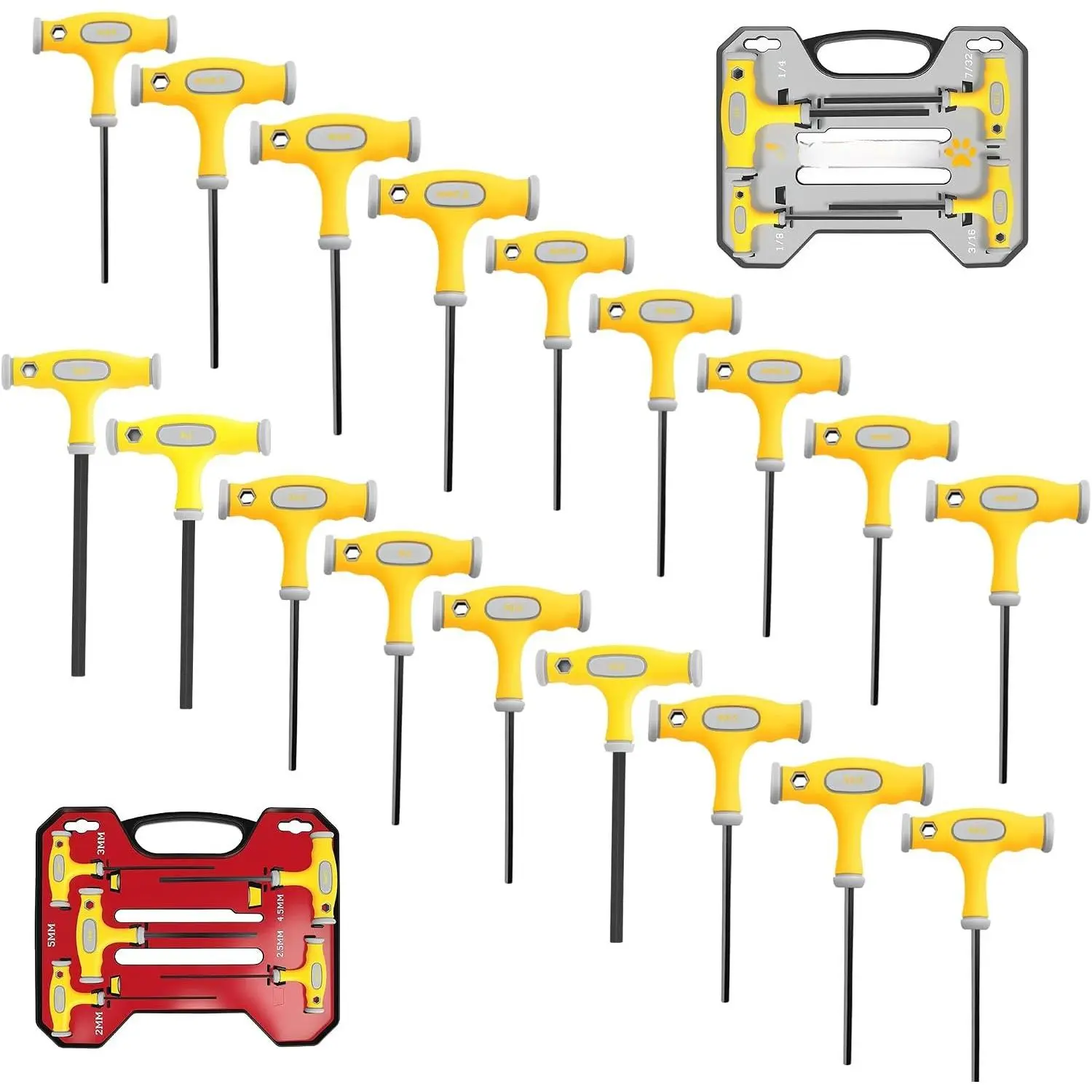 T Handle Allen Wrench Set (18 Pack of Metric & SAE - Industrial Grade Steel) Long Hex  with Storage Case with  Comfort Handles