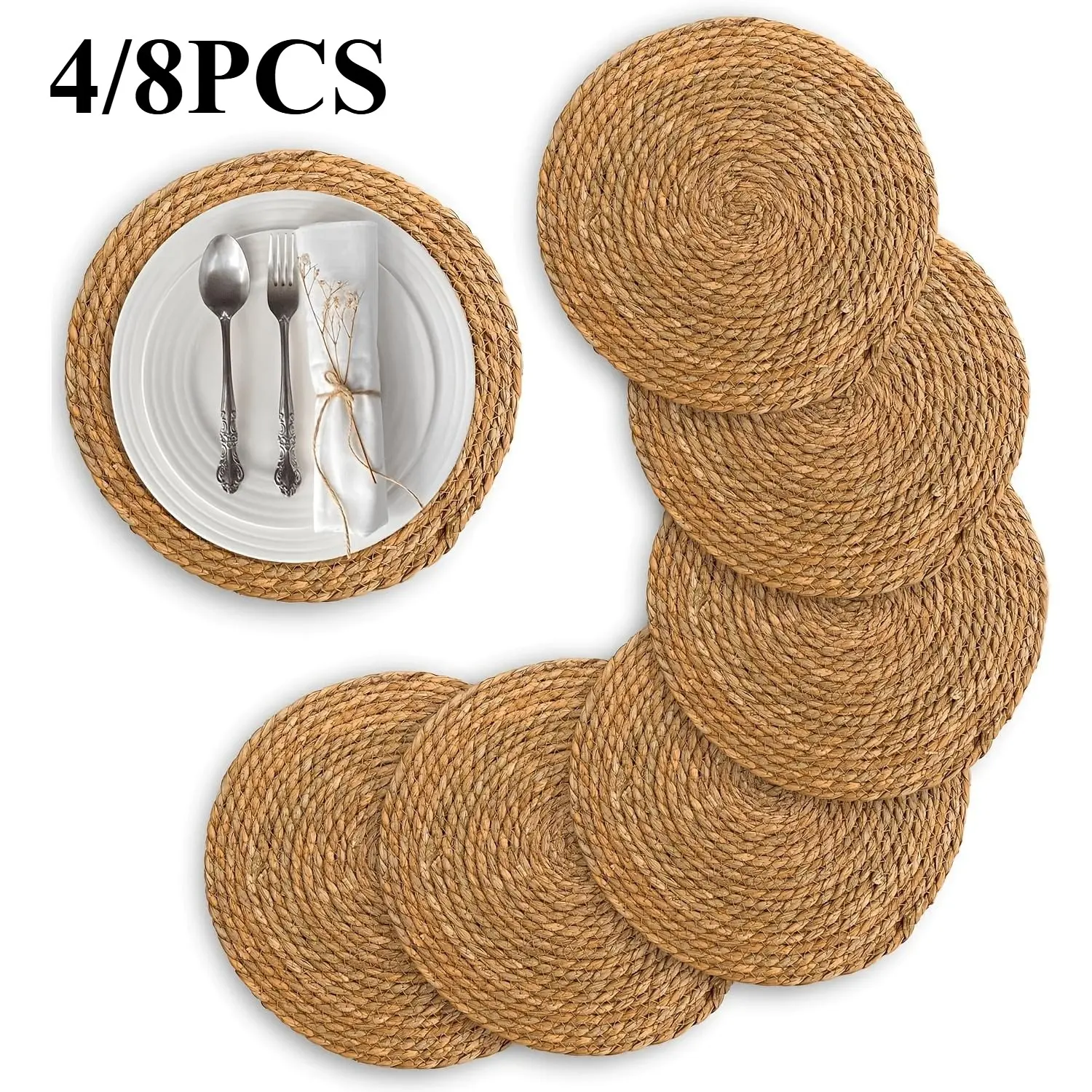 4/8Pcs Round Placemats & Handmade Daisy Coasters, Natural Beige Heat‑Resistant Dining Table Mats, Hand‑Washable Table Decor, Artisanal Tableware Accessories, Practical Housewarming Supply, Perfect for Christmas Holiday Feast