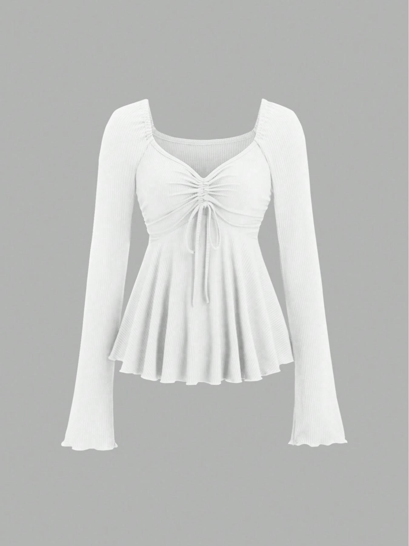 Women's Casual Long Sleeve Drawstring Pleated Top, Loose Fit Chest Tie Design, Fashionable Ladies' Clothing for Daily Wear