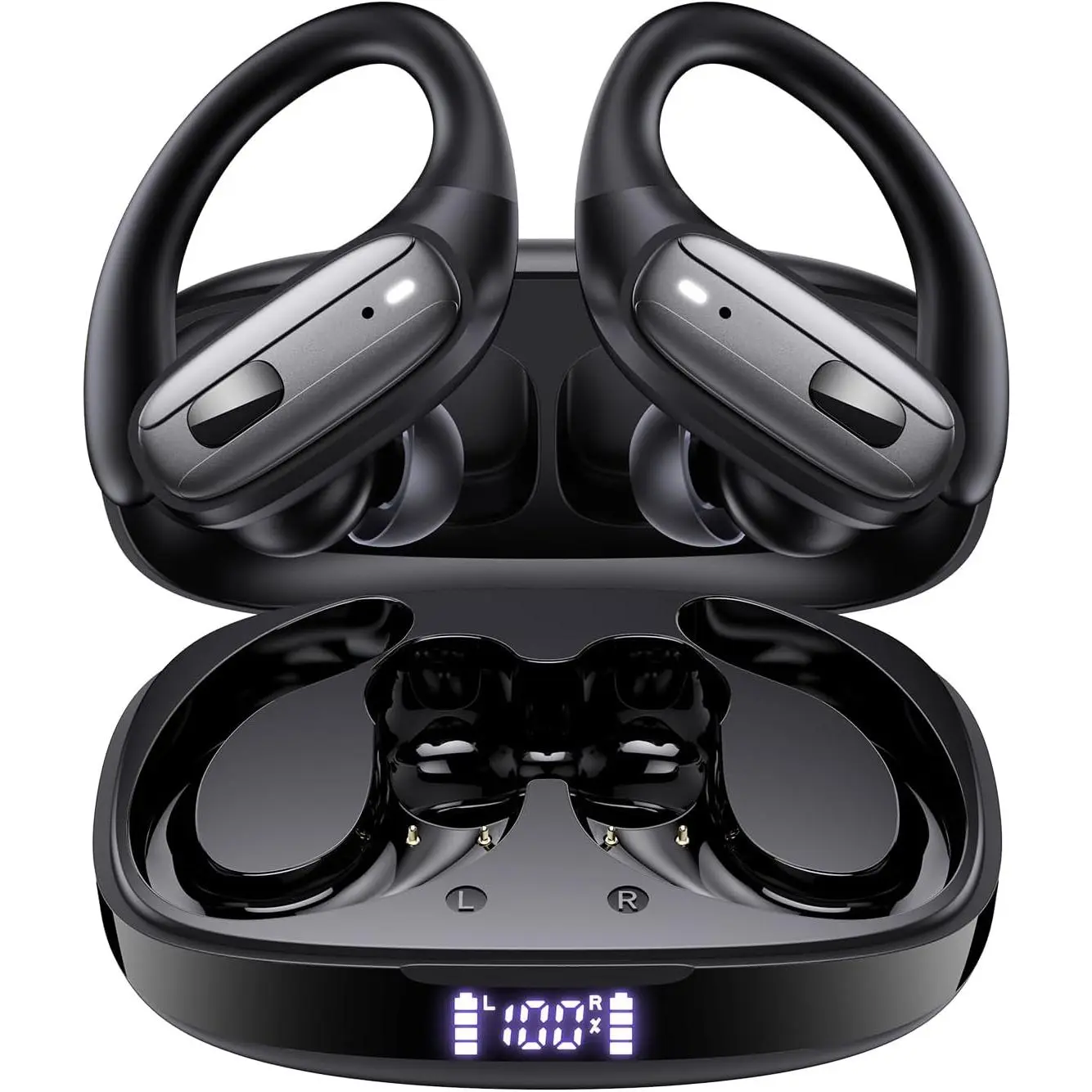 Wireless Earbuds, Bluetooth Headphones 5.4, Ear Buds with Hooks for Sports, 80Hr Playtime Earphones, LED Display, IPX7 Waterproof Headset for Workout Running, Black